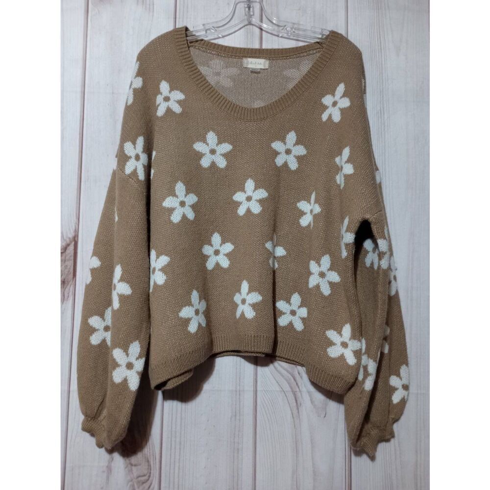 Altar'd State Daisy Floral Knit Sweater Tan White Balloon Sleeve Boho Small